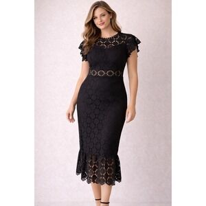 Blu Pepper Black Lace Midi Dress Womens L Flutter Sleeve Scalloped Hem Cocktail‎